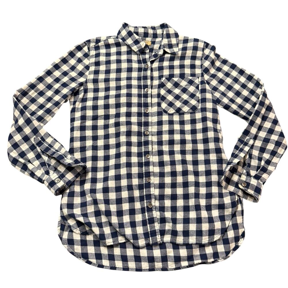 True Craft navy blue white buffalo plaid flannel button down shirt, Size XS